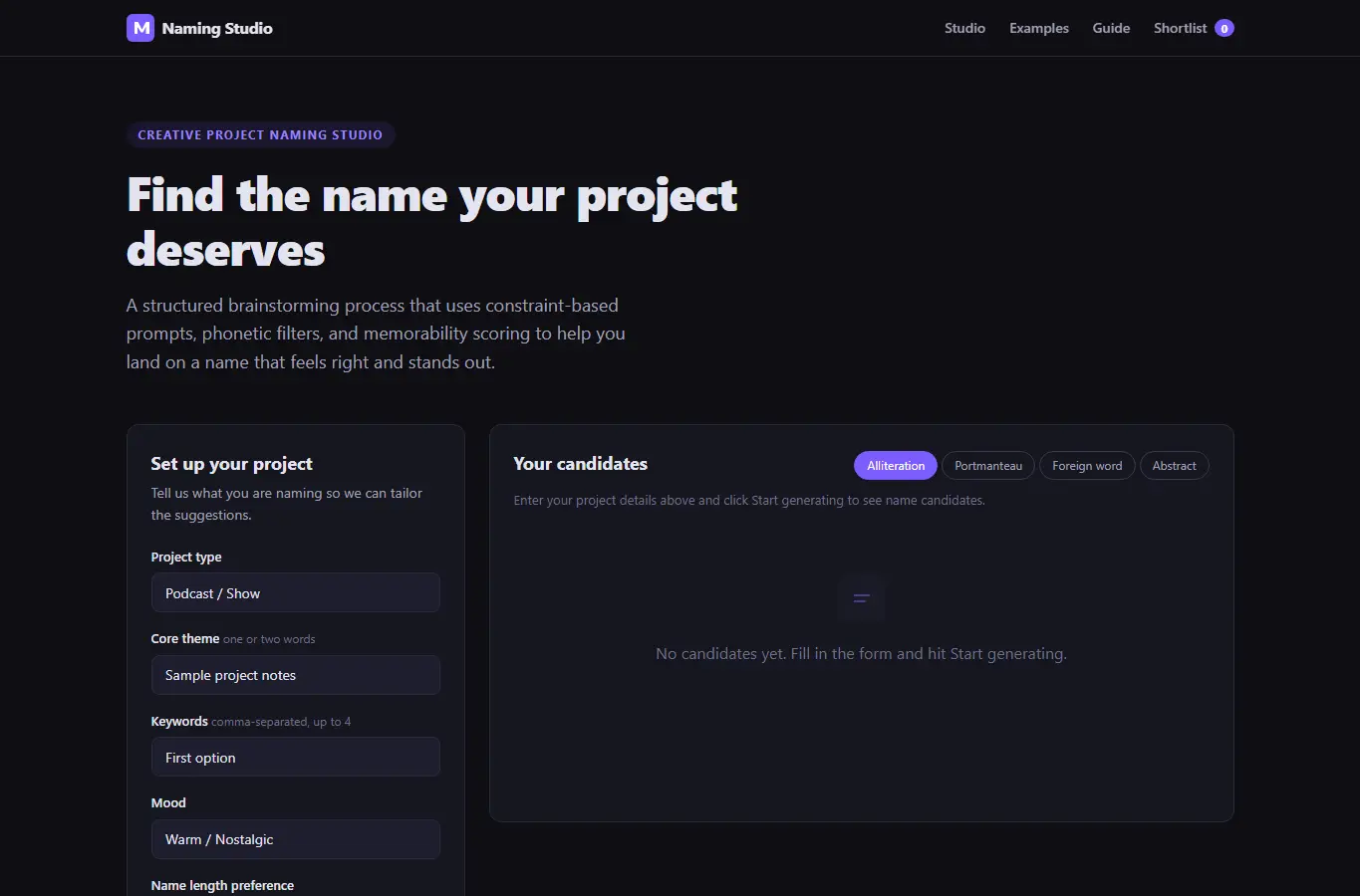 Screenshot of Creative Project Naming Studio interface showing the project page in use